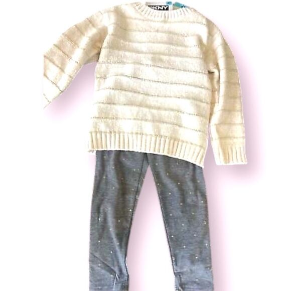 DKNY NEW Cream Sweater & Gray Leggings Set ~ Gold Accent Threads Polka Dots 18m - Picture 6 of 10